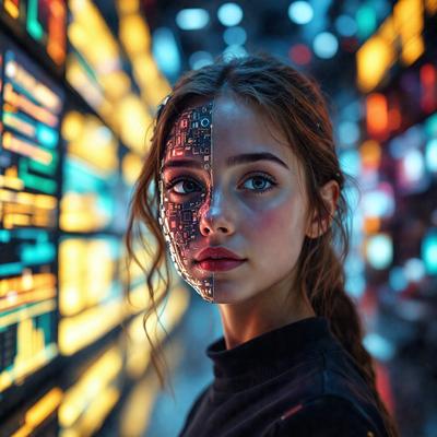 The primary subject of the image is a woman with a digital face, wearing a black shirt. She is standing in front of a wall of screens, which display various colors and patterns. The setting appears to be a futuristic or technological environment, possibly a computer lab or a digital art studio. The visual style of the image is a combination of photo and digital art, as the woman's face is digitally altered, and the screens behind her are also digitally created. The overall atmosphere of the image is one of